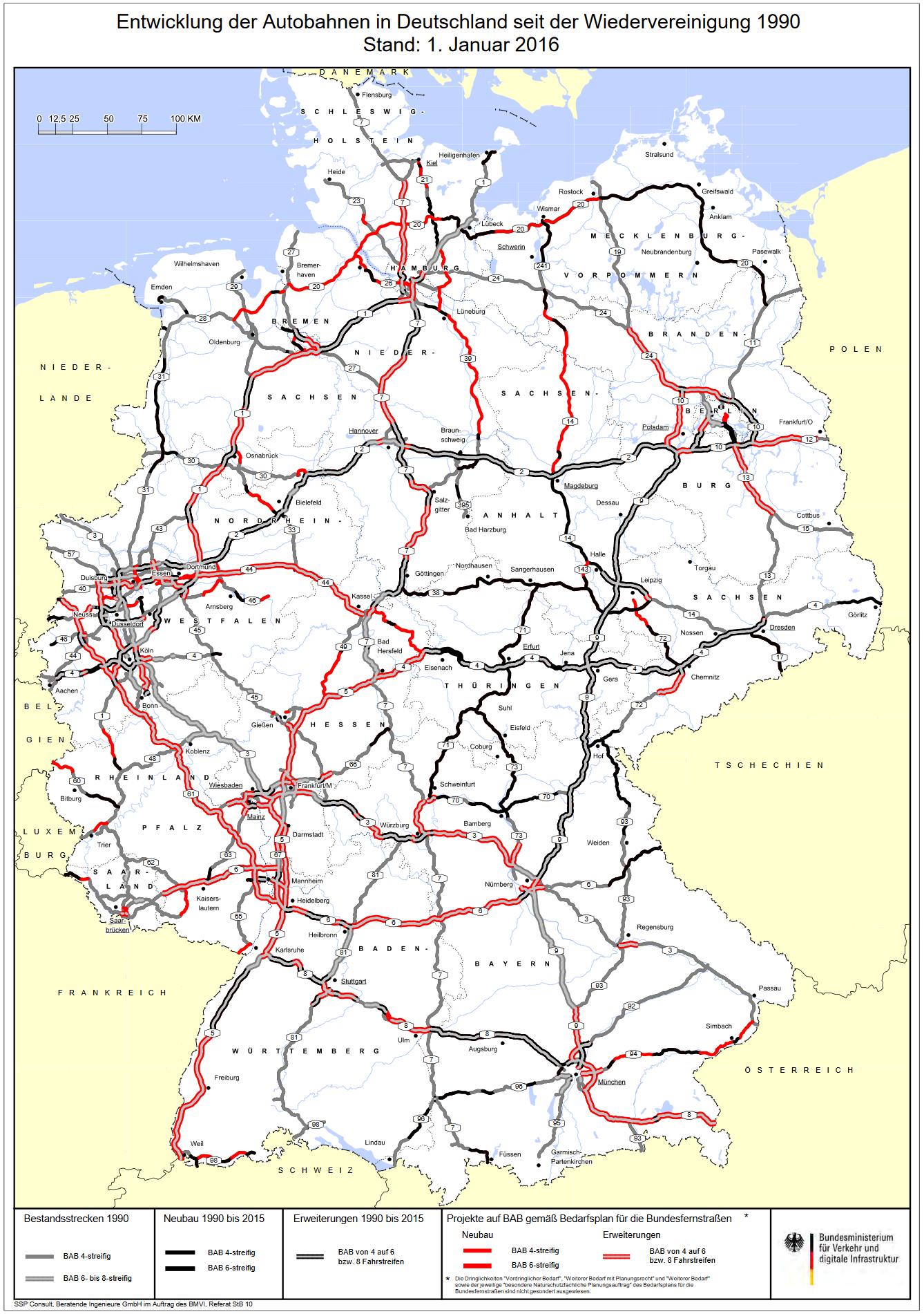Kaarte - Entwicklung der Autobahnen in Deutschland seit der Wiedervereinigung 1990